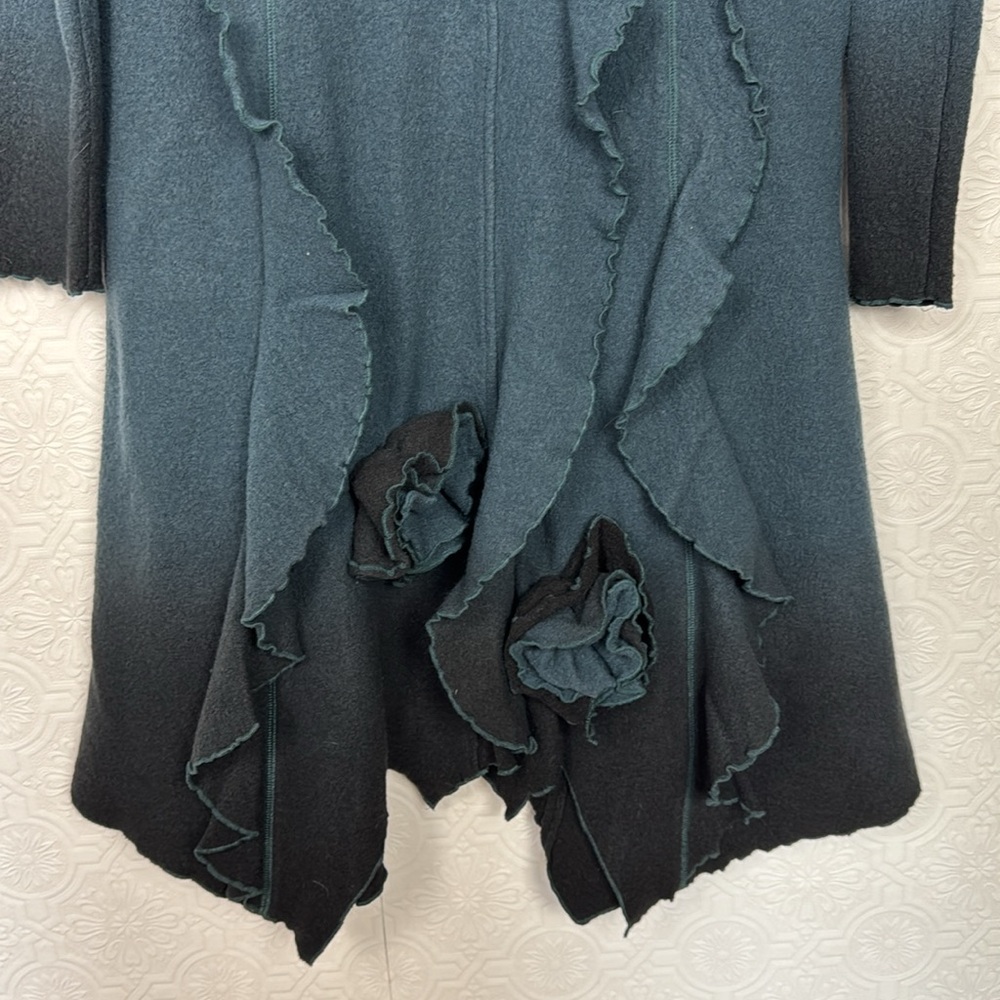 CoVelo Wool Coat Teal Longline Flutter Flower Ombré Artsy Art To‎ Wear Lagenlook - Picture 3 of 8